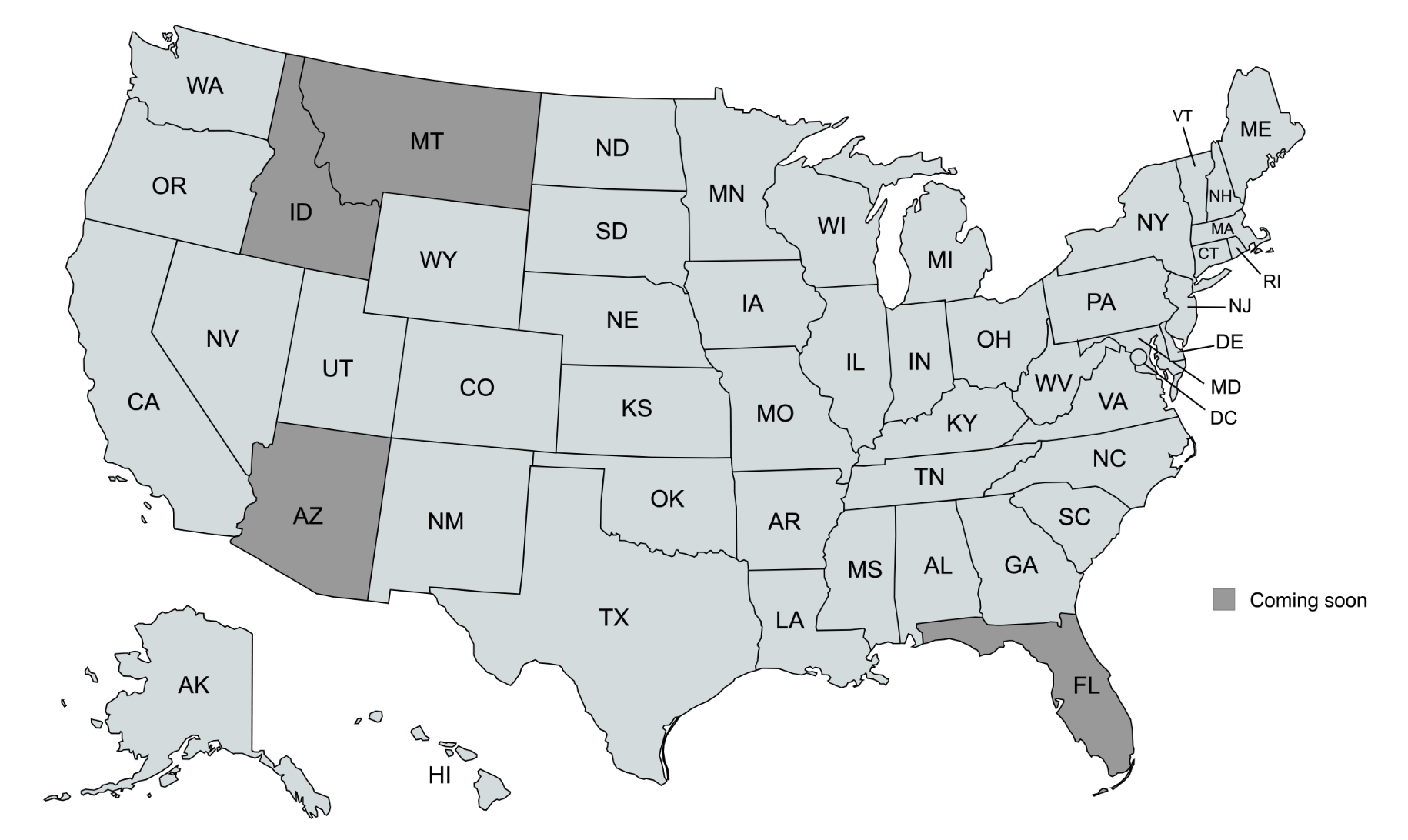 90Ride Coverage Map showing Montana, Idaho, Florida, and Arizona